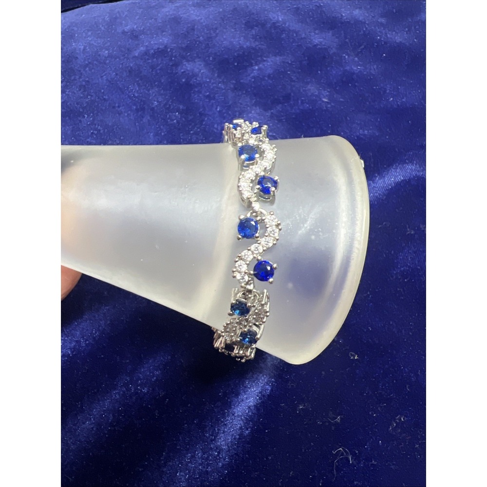 Tennis‎ Bracelet Blue Clear Crystal Cubic Zirconia Silver Tone 6.5" - Picture 2 of 12